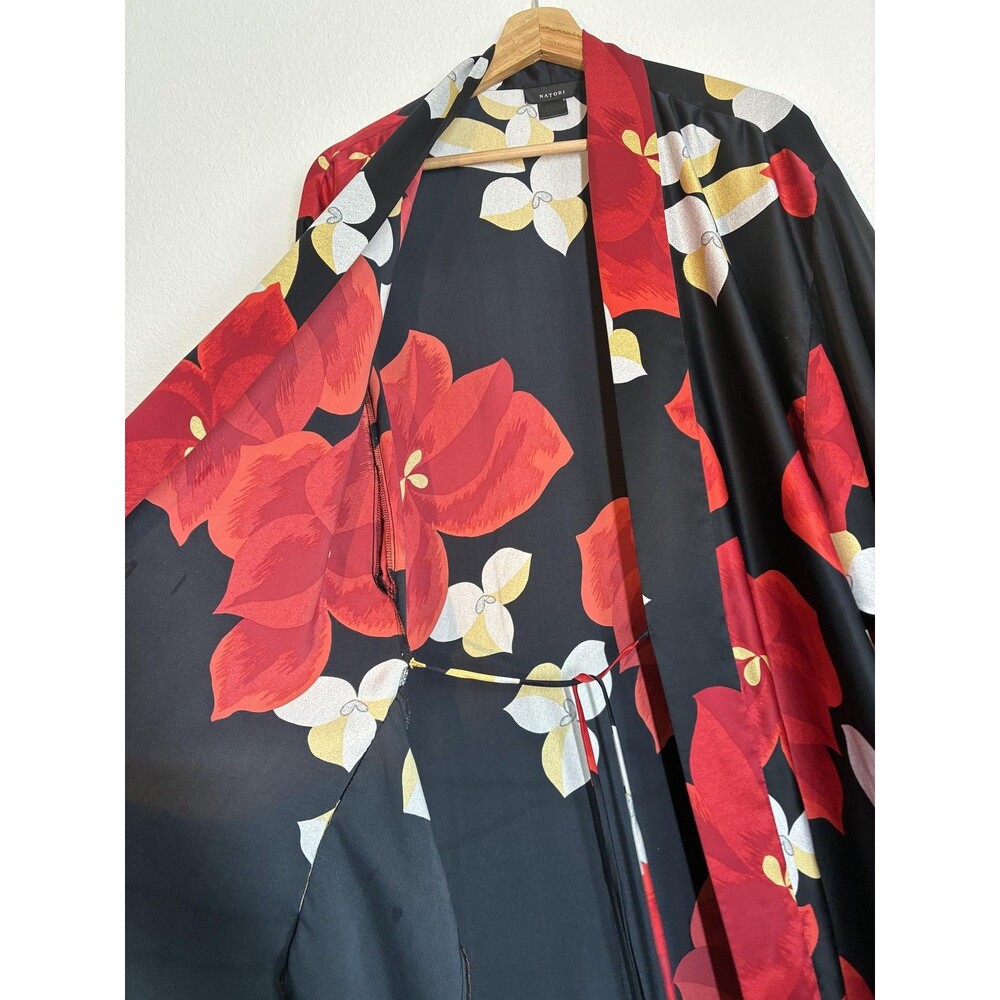 Natori Ginza Long Kimono Robe Womens One Size Black Satin Red Floral Lounge - Picture 6 of 15
